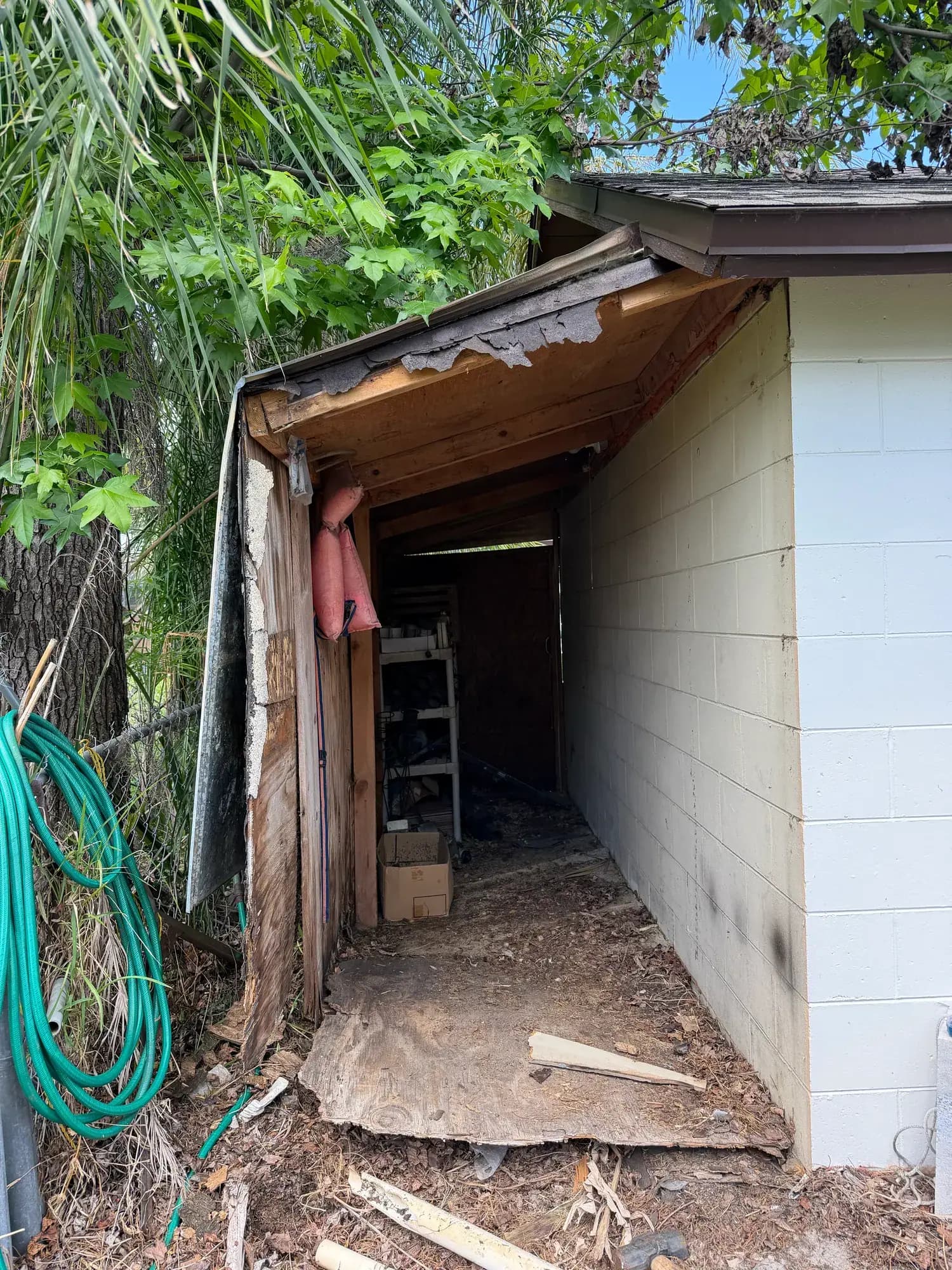 A rotted lean-to shed packed with junk behind a house near Windermere, FL, before Big Rob's Hauling cleared it